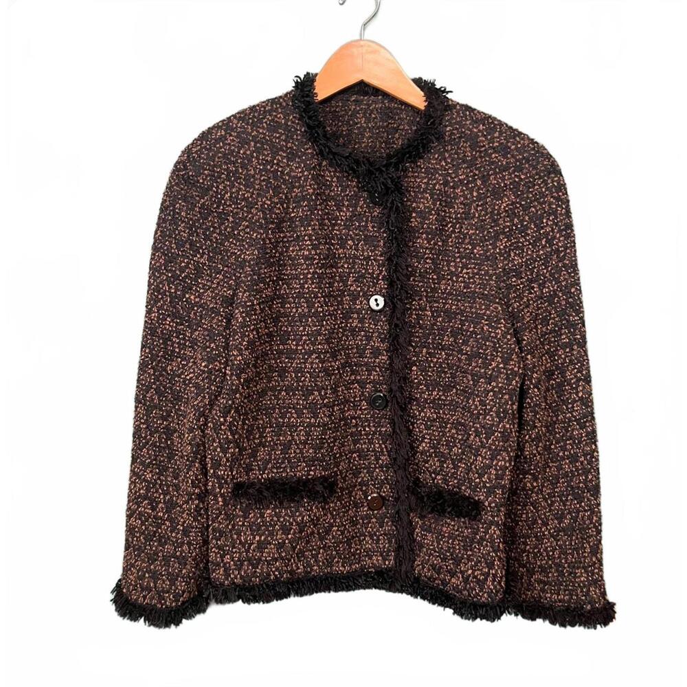 Dana Buchman Vintage Wool Blend Brown Tweed Fringe Trim Jacket Blazer, Size 16